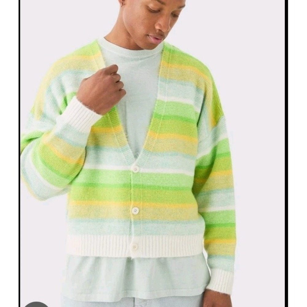 Boohoo Man Striped Cardigan Eclectic Grandpa Lime Green Yellow Boxy Brushed Sz L
